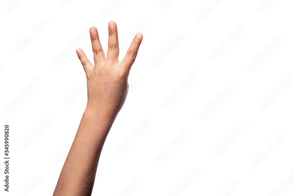 Child hands isolated on white four fingers up Child hands isolated on white four fingers up