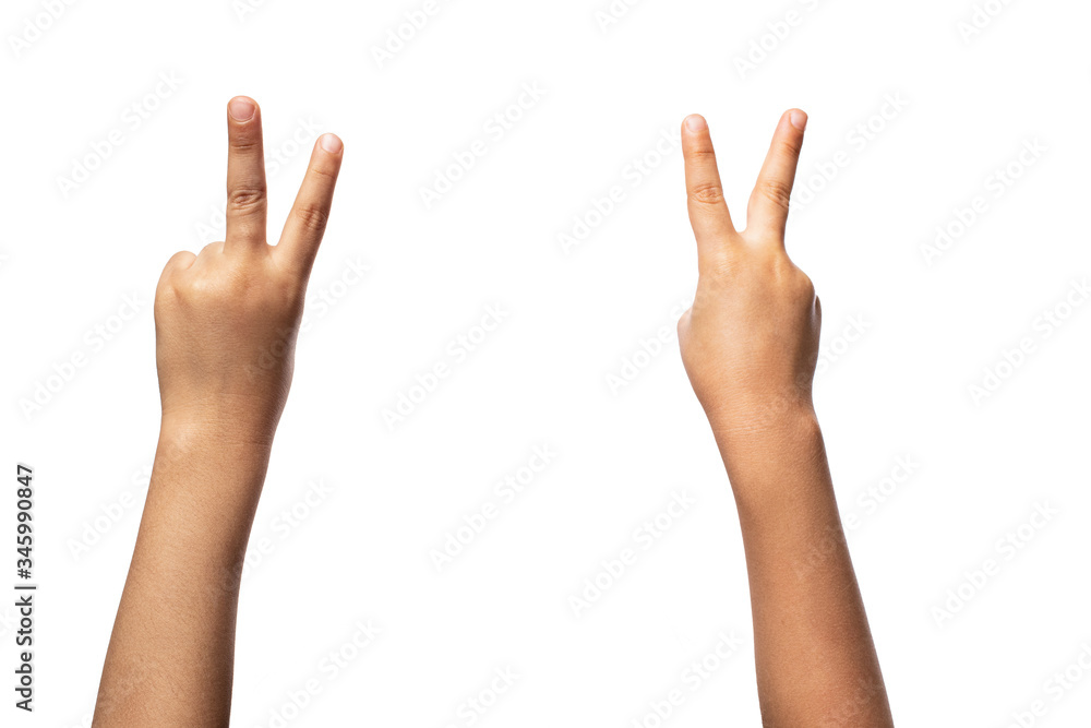Kid arms with two fingers up Kid arms with two fingers up
