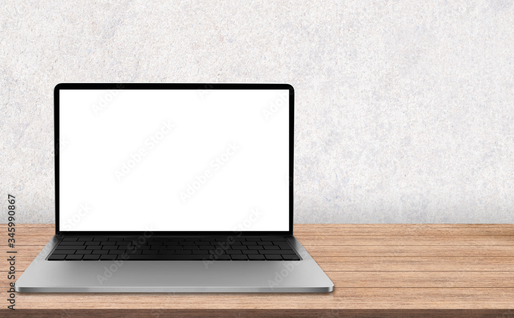 Blank screen laptop computer on wood table top with white wall background, laptop screen die-cut with clipping path. Blank screen laptop computer on wood table top with white wall background, laptop screen die-cut with clipping path.