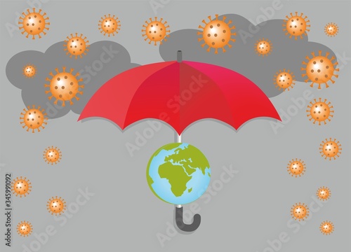 Red umbrella tries to safe the World from Corona. Vector illustration. EPS10.