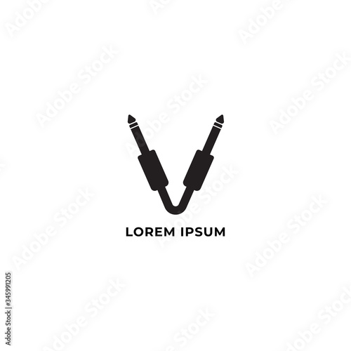 Cable jack logo concept. Audio logo design template. Letter V uppercase Alphabet vector illustration. Isolated, Audio equipment, sound system, instrument. Black and White