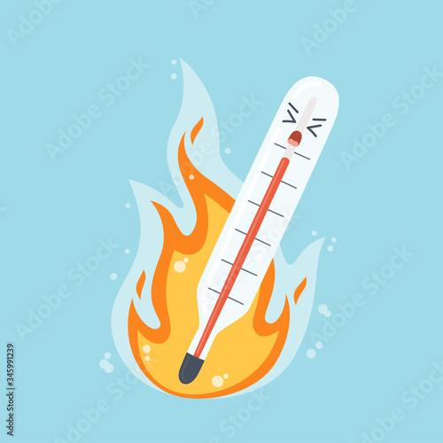 The burning medical thermometer as symbol fever and high temperature. Vector illustration
