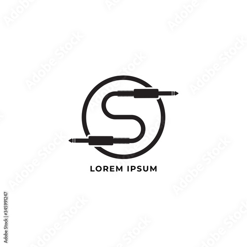 Cable jack logo concept. Audio logo design template. Letter S uppercase Alphabet vector illustration. Isolated, Audio equipment, sound system, instrument. Black and White