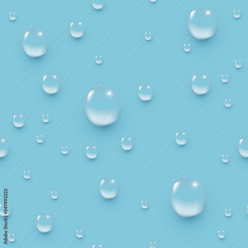 Water drops seamless pattern. Realistic vector background with 3d droplets on blue surface. Clear aqua texture