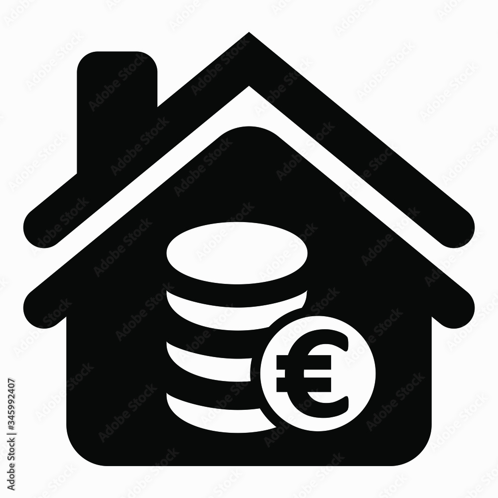 House and euro icon. Illustration of storage finance. Bank icon. Financial organization. Deposit deposit. Vector icon. House and euro icon. Illustration of storage finance. Bank icon. Financial organization. Deposit deposit. Vector icon.