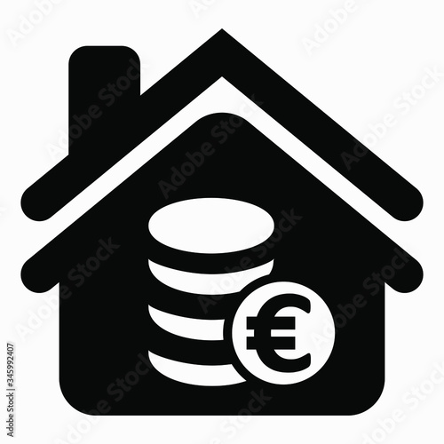 House and euro icon. Illustration of storage finance. Bank icon. Financial organization. Deposit deposit. Vector icon.