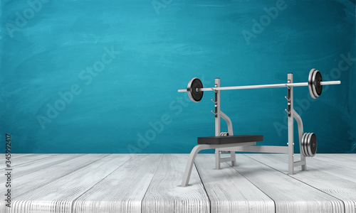 3d rendering of weight bench with metal barbell on white wooden floor and dark turquoise background