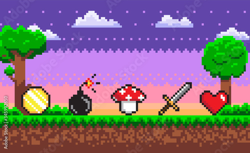 Pixel game elements vector, scene with nature and greenery with trees. Mushroom icon, sword and heart, pixelated bomb with wick and coin made of gold graphics © robu_s
