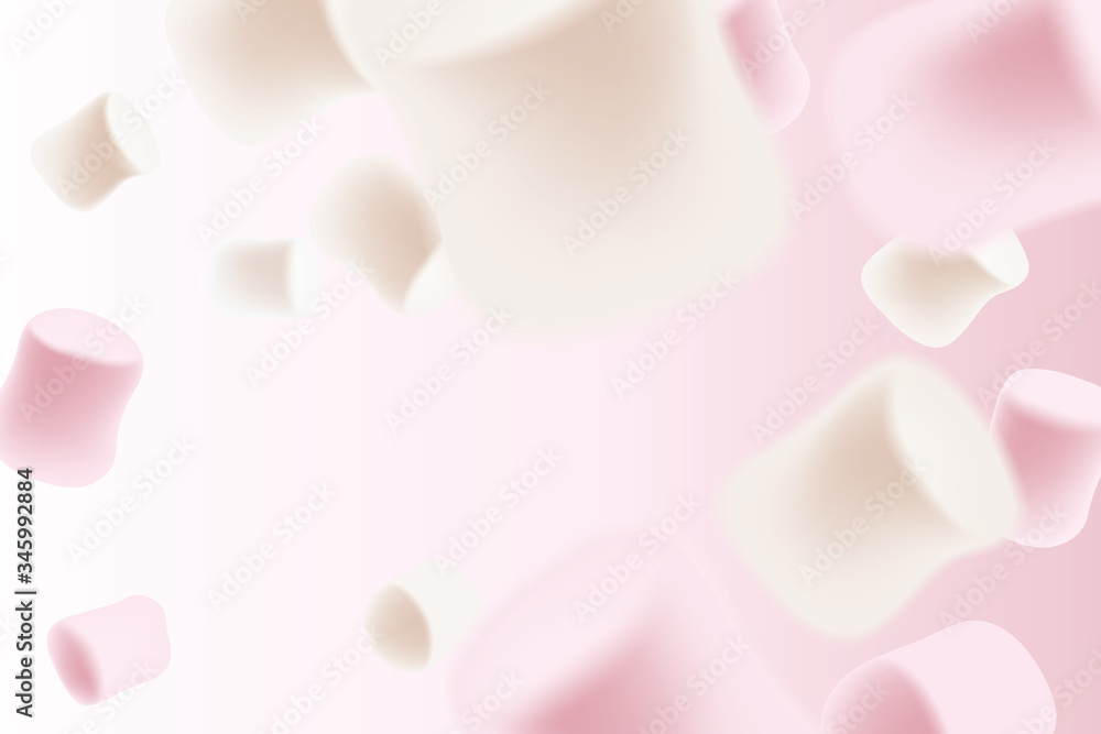 White and pink marshmallows falling. Blurred marshmallow candy background.