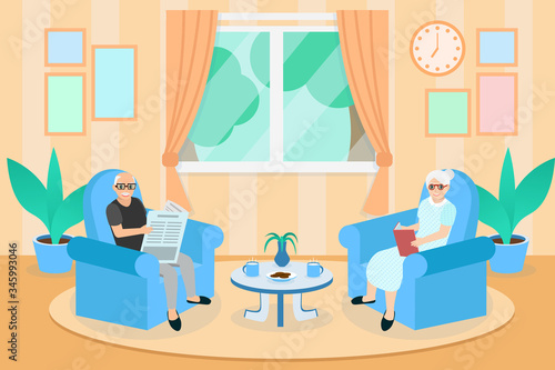 grandfather and grandmother are sitting on a sofa in living room, Grandfather reading the newspaper, Grandma reading a book, Senior couple sit on a couch in house, stay at home.
