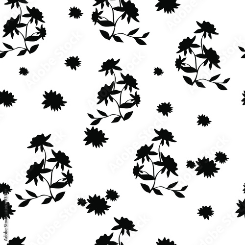 Little black flowers and leaves on a white background. Vector geometric seamless pattern for wallpaper, fabric, textile, packagin © Ksenia