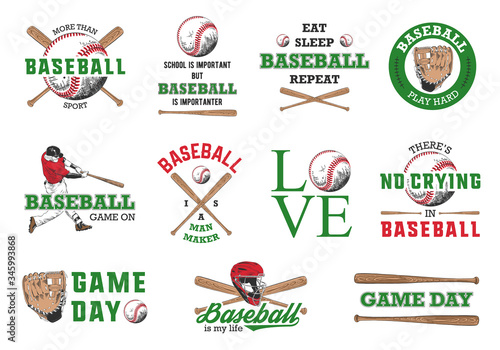 Set of 11 engraved style illustrations for posters, decoration, t-shirt design. Hand drawn baseball sketches with motivational typography isolated on white background. Detailed vintage drawing logo.