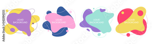 Set of 4 abstract graphic liquid elements in memphis style. Dynamical waves colored fluid shapes. Isolated banners with flowing liquids. Template for the design of a logo, flyer or presentation.