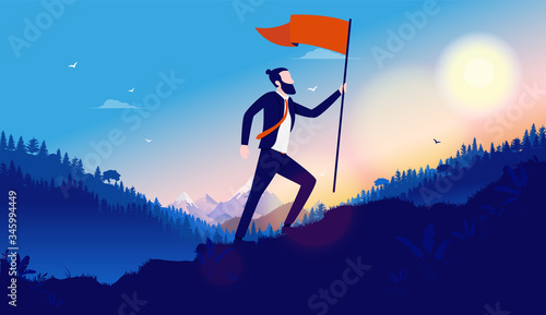 Walking up hill with flag. Modern businessman taking the hard road to reach personal success. Winner, on top, self development, success and business growth concept. Vector illustration. © Knut