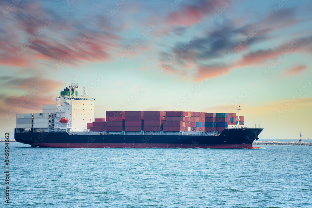 Aerial view container ship and boat going to sea port for logistics shipping Aerial view container ship and boat going to sea port for logistics shipping