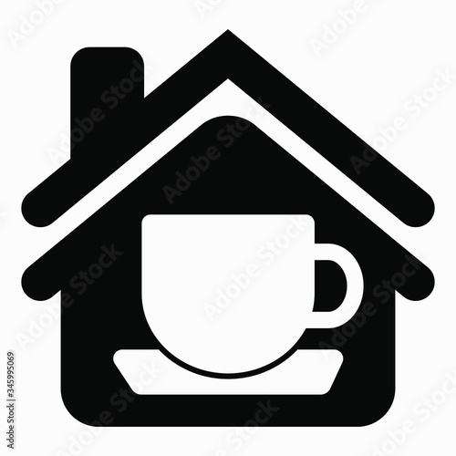 House and cup icon. Picture Coffee House. Tea House Icon. Rest zone. Illustration of a motel or hotel. Vector icon.