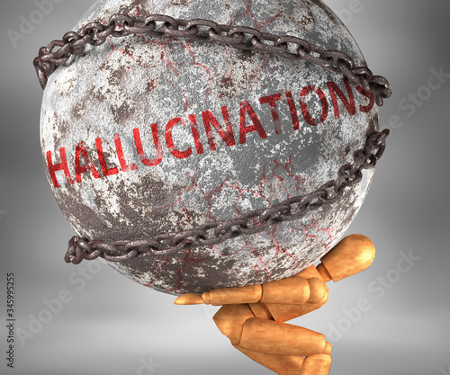Hallucinations and hardship in life - pictured by word Hallucinations as a heavy weight on shoulders to symbolize Hallucinations as a burden, 3d illustration