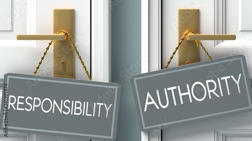authority or responsibility as a choice in life - pictured as words responsibility, authority on doors to show that responsibility and authority are different options to choose from, 3d illustration