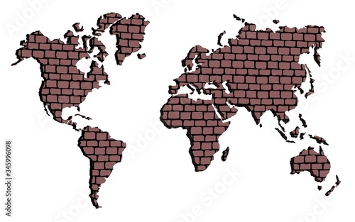 Map of the world made of red bricks. The outline of the world on a white background. Countries and continents. Stock vector.