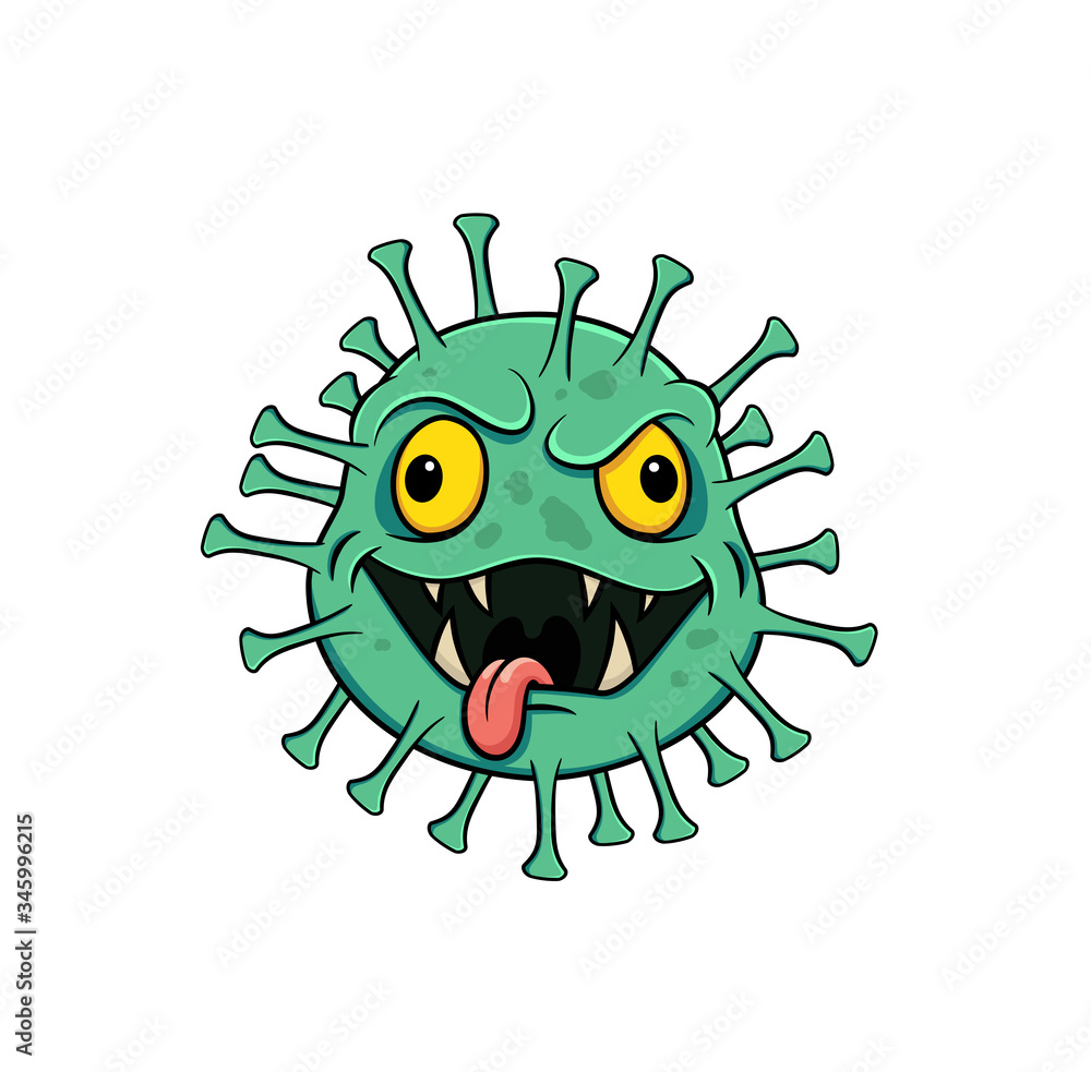 cartoon green angry coronovirus with yellow eyes and fangs.isolated on white background.vector