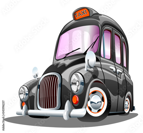 Old retro cartoon taxi car of black color. Vector illustration on a white background.