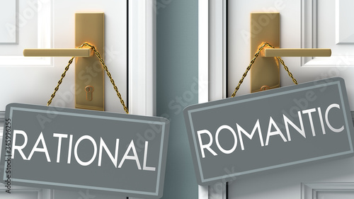 romantic or rational as a choice in life - pictured as words rational, romantic on doors to show that rational and romantic are different options to choose from, 3d illustration