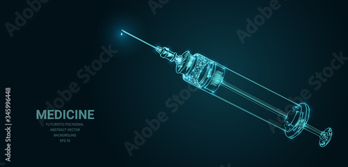 Polygonal wireframe mesh futuristic with medical syringe sign on blue background. Vector lines, dots and triangle shapes, connecting network, digital molecules technology, connection structure.