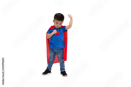 Asian boy with funny little power of hero isolated on white background, Superhero concept