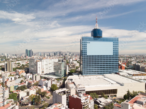 Aerial panoramic view of Mexico City skyline and the WTC Building.
