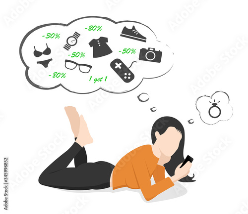 women of girl lie down using phone and thinking to buy many product 