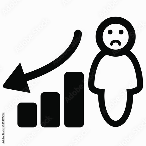 Icon decrease graphic with person. Illustration of the work of a manager. Labor productivity. Personnel Management. Employee Efficiency. Vector icon