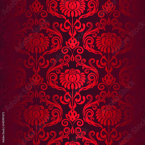 Red shiny damask floral pattern, luxurious royal arabic fabric, vector wallpaper