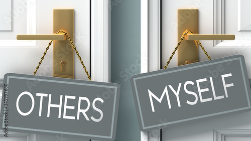 myself or others as a choice in life - pictured as words others, myself on doors to show that others and myself are different options to choose from, 3d illustration