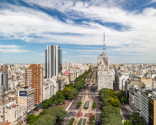 Aerial panoramic view of the skyline next to 9 de Julio avenue in Buenos Aires, Argentina with a blue sky as background