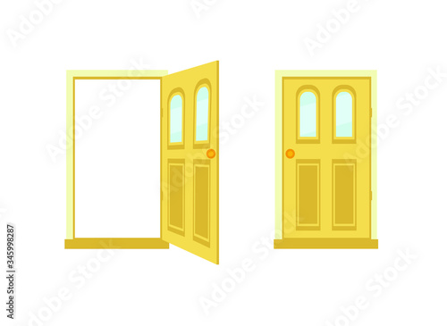 Open and close doors. Flat cartoon style vector illustration.