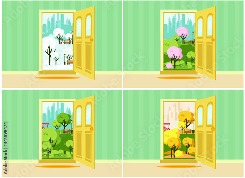 open doors with the seasons. flat vector illustration