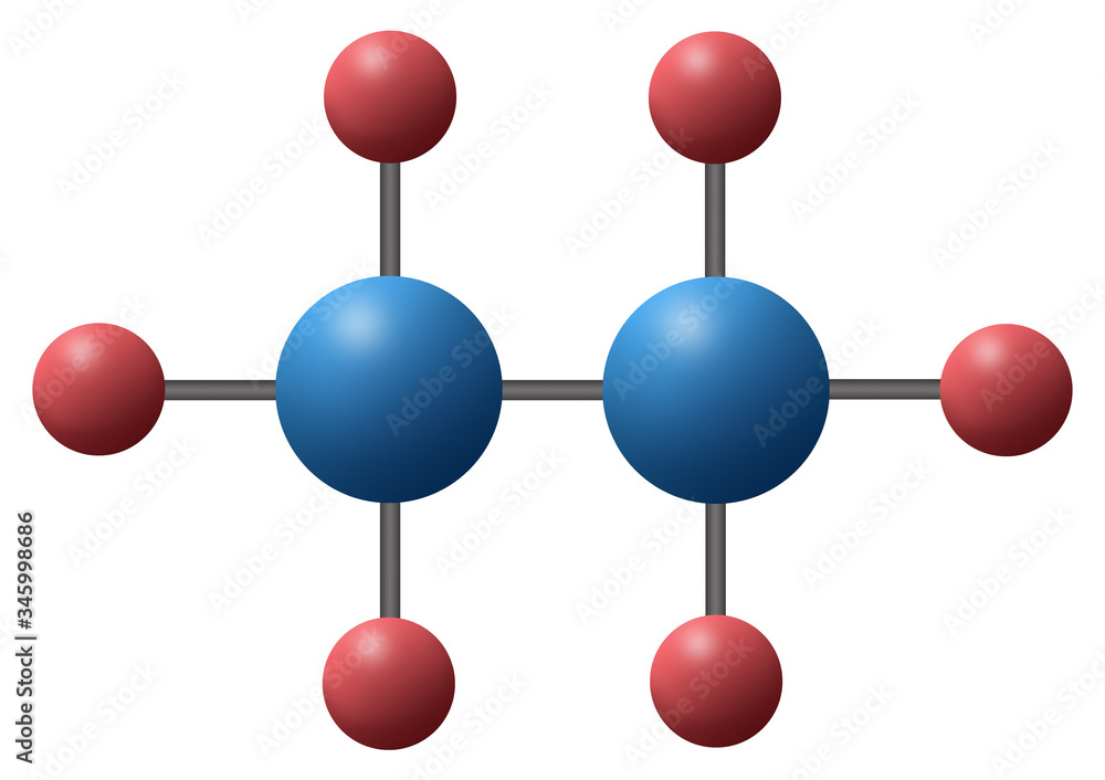 3d illustration of alkane chemistry chemical compound is C2H6 with ...