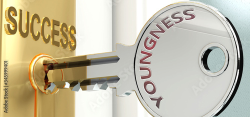 Youngness and success - pictured as word Youngness on a key, to symbolize that Youngness helps achieving success and prosperity in life and business, 3d illustration photo