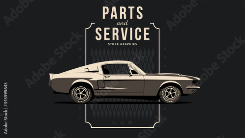 Template with muscle car in vector. Car shown from side with perspective.
