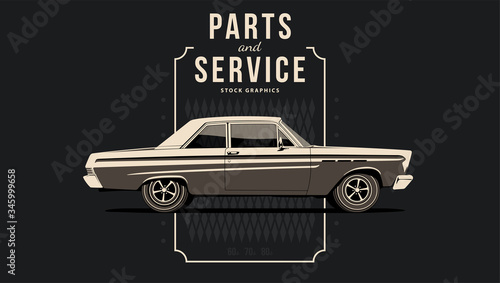 Template with muscle car in vector. Car shown from side with perspective.