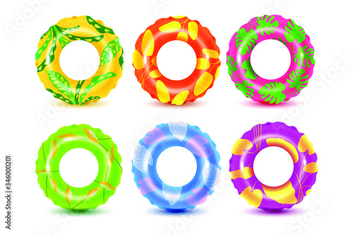 Set of swim rings on white background. Inflatable rubber toy for  water and beach or trip safety.
Life saving floating lifebuoy for beach or ship, rescue belt for saving people. Vector illustration. 