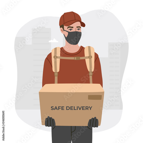 Concept of safe delivery during quarantine, courier in a respiratory mask with a box in his hands. Vector illustration, white isolated background. 