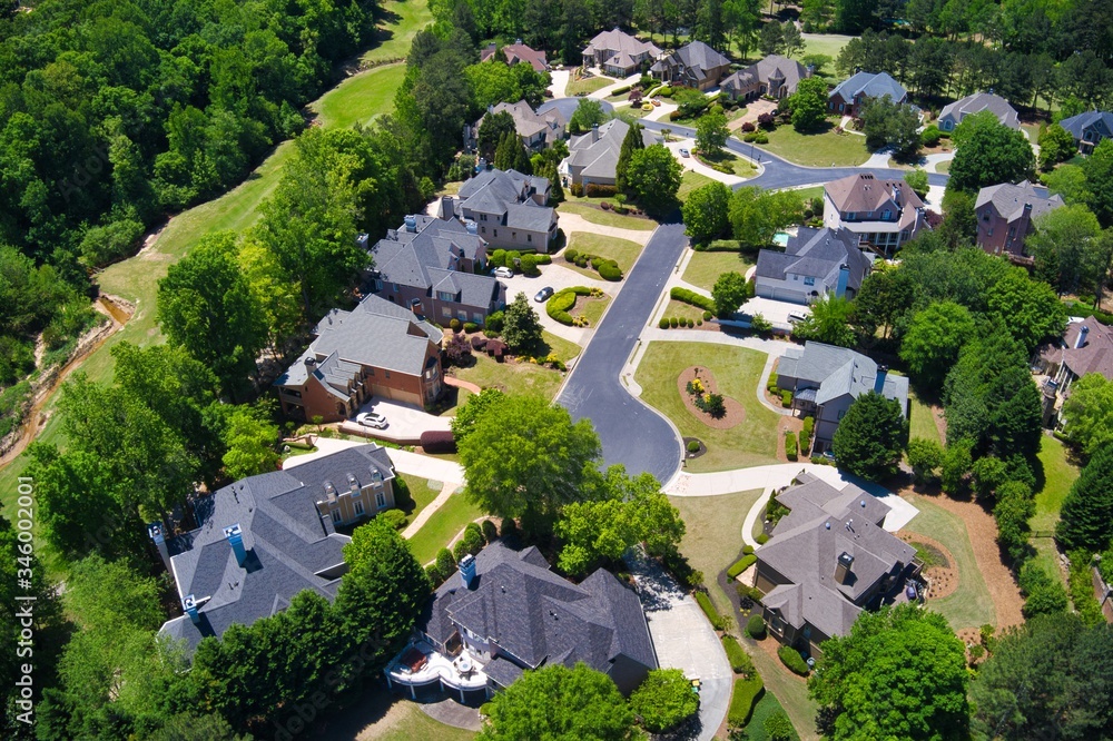 Panoramic aerial view of a beautiful subdivision in an upscale neighborhood in Georgia, USA