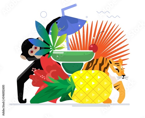 Cannabis juice cocktail with pineapple, jungle leaves, flowers, tiger and monkey. Fresh juicy delicious beverage concept.