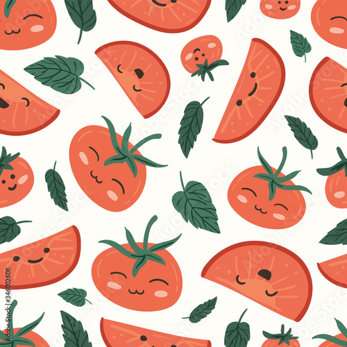 Fresh red tomatoes vector illustrations. Seamless pattern background. hand draw cartoon Scandinavian nordic design style for fashion or interior or cover or textile.
