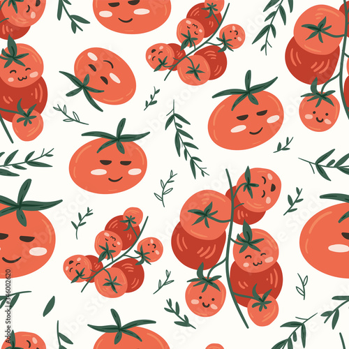 Fresh red tomatoes vector illustrations. Seamless pattern background. hand draw cartoon Scandinavian nordic design style for fashion or interior or cover or textile.