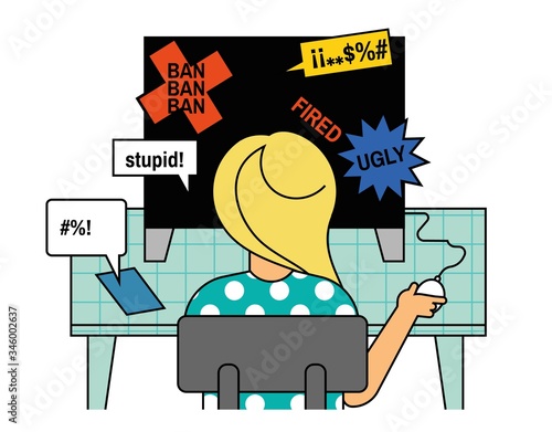 Cyber bullying concept illustration. Threats being spread by public in internet towards one person causing job loss and other problems