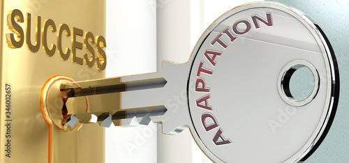 Adaptation and success - pictured as word Adaptation on a key, to symbolize that Adaptation helps achieving success and prosperity in life and business, 3d illustration