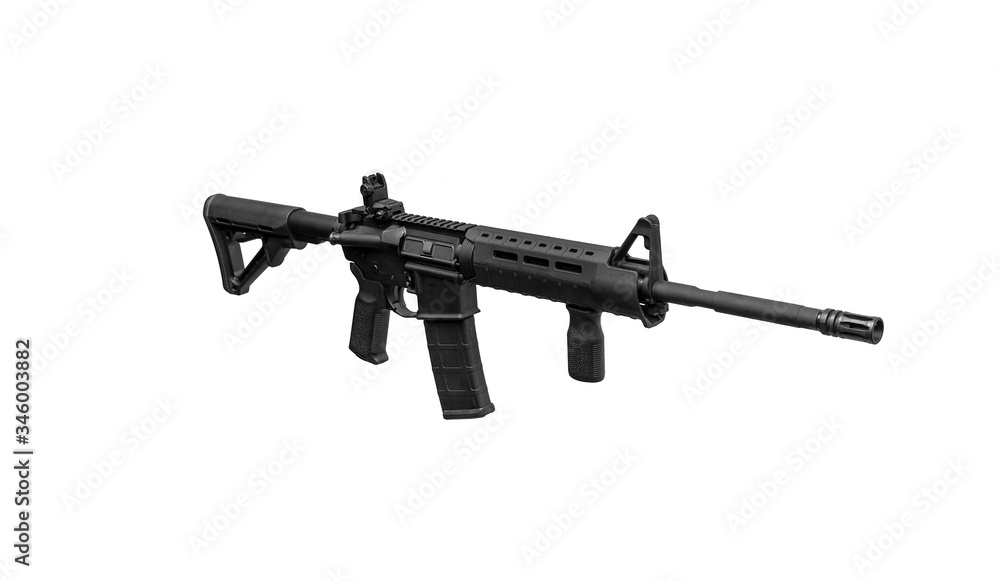 Assault rifle on white back. Modern automatic rifle isolated on white. Weapons for police, special forces and the army. Automatic carbine with mechanical sights. Assault rifle on white back. Modern automatic rifle isolated on white. Weapons for police, special forces and the army. Automatic carbine with mechanical sights.