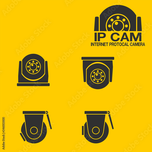 Set of IP camera icon on yellow background